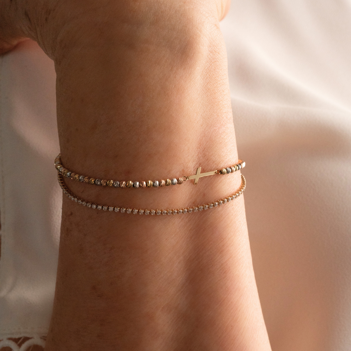 Cross Bracelet with Tricolor Beads in 10K Gold