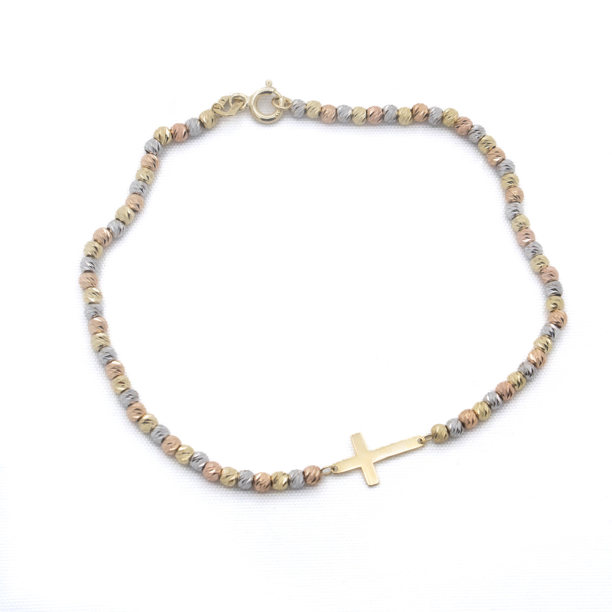 Cross Bracelet with Tricolor Beads in 10K Gold
