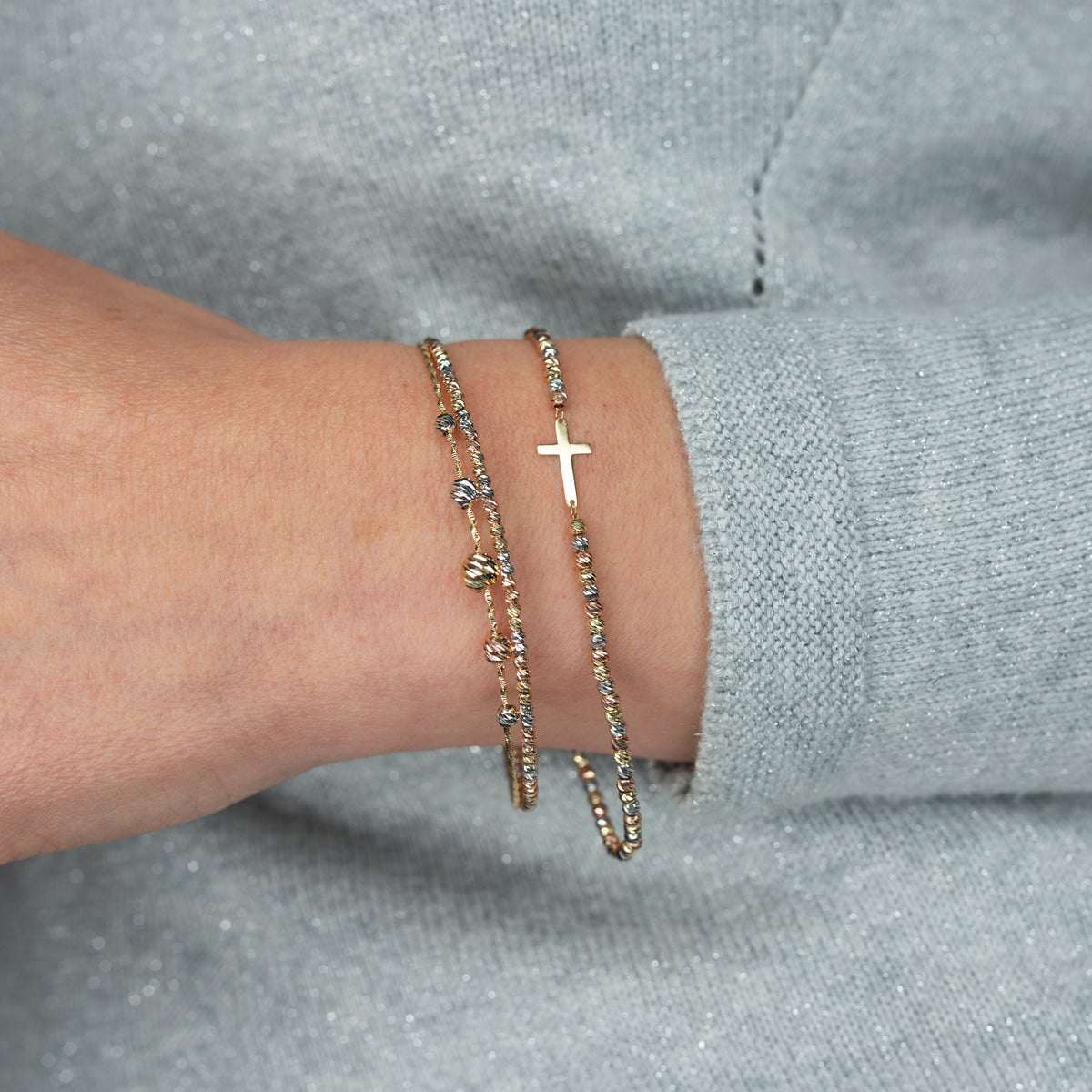 Cross Bracelet with Tricolor Beads in 10K Gold