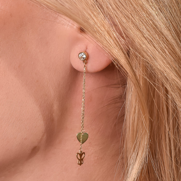 10K Gold Butterfly & Heart Chain Stud Earrings