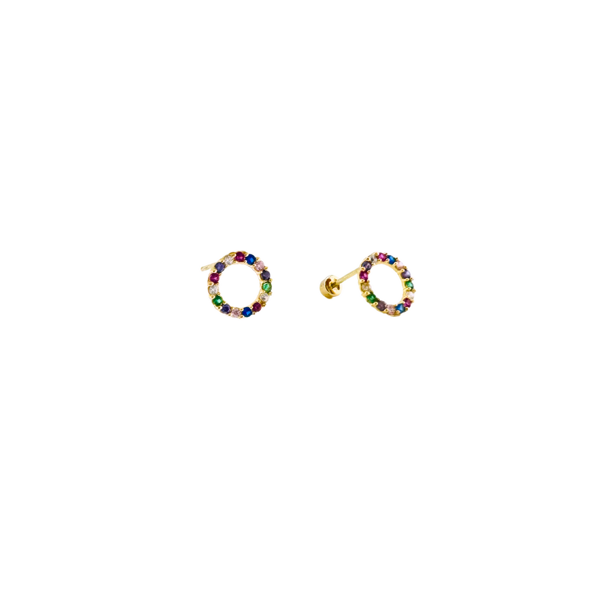 10K Gold Circle Pave Stud Earrings with Colored Gemstones