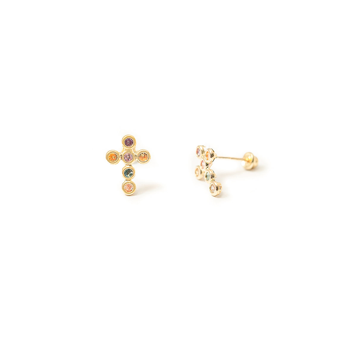 10K Gold Cross Stud Earrings with Colored Gemstones