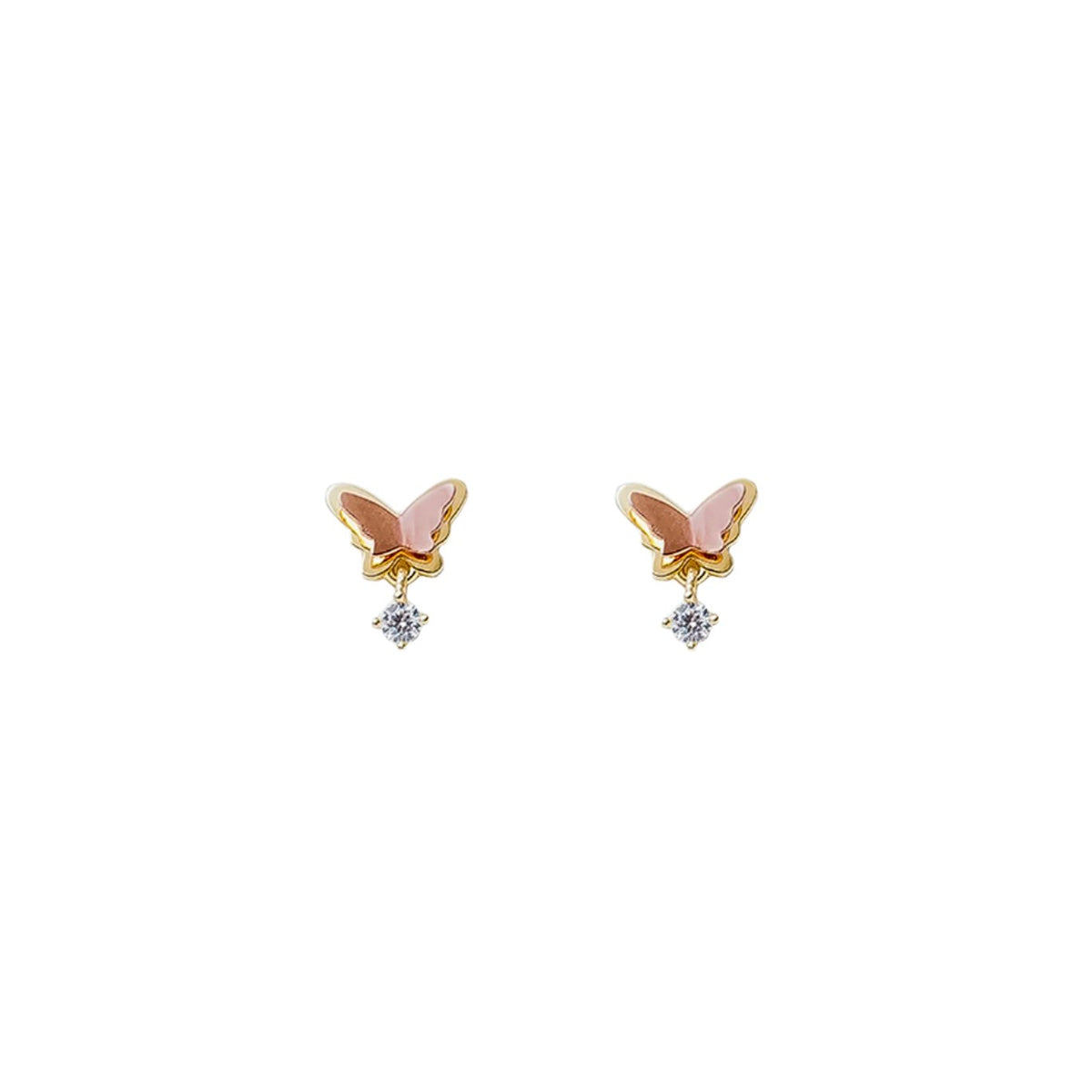 10K Gold Double Butterfly Stud Earrings with White Zirconia Drop