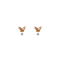 10K Gold Double Butterfly Stud Earrings with White Zirconia Drop