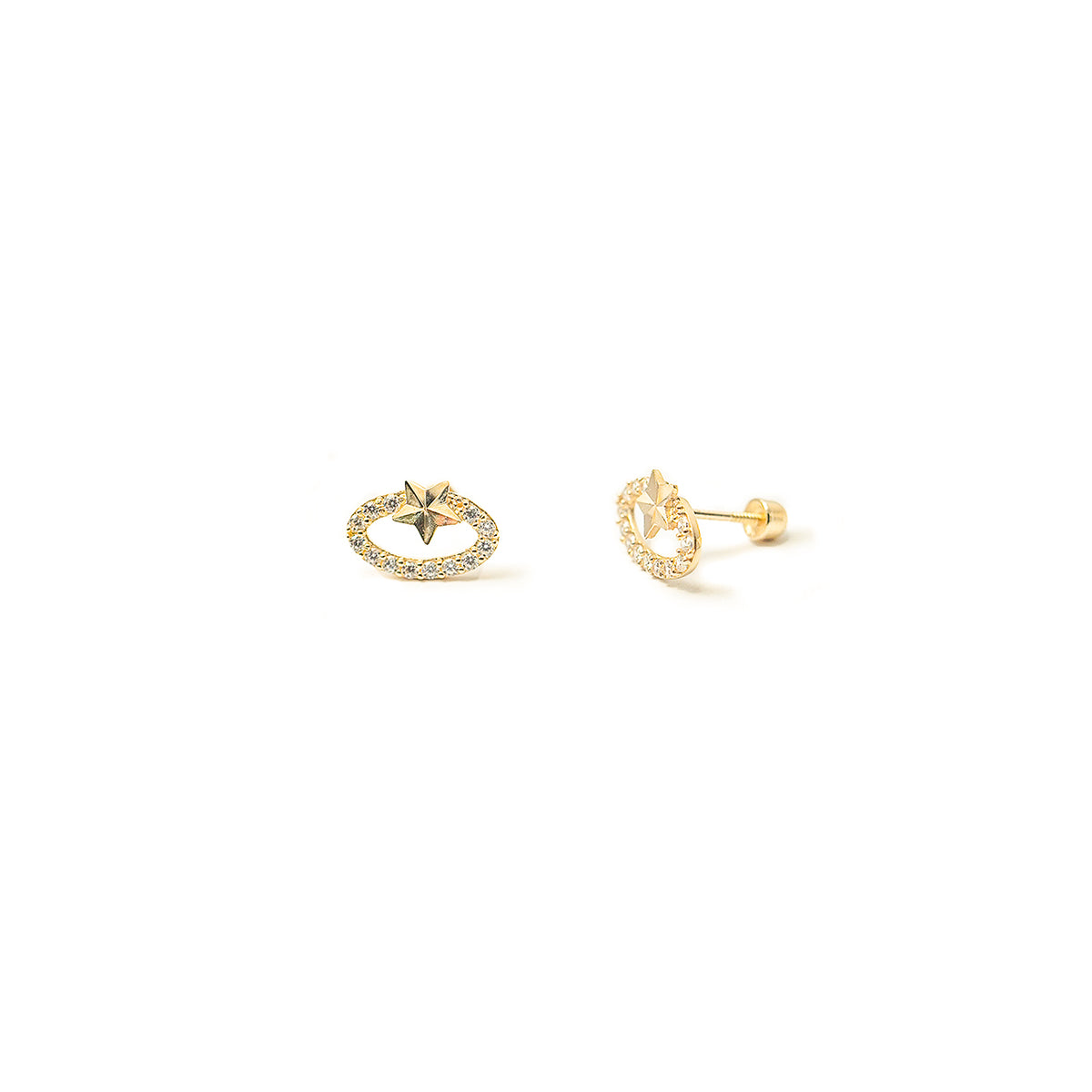 10K Gold Oval Pave Stud Earrings with Star Accent