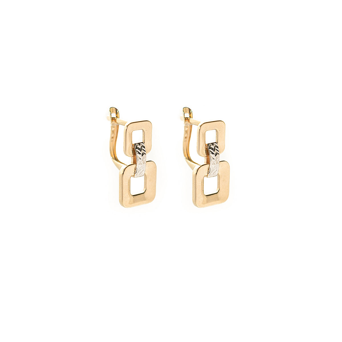 10K Yellow Gold Square Chain Earrings with White Gold Loop