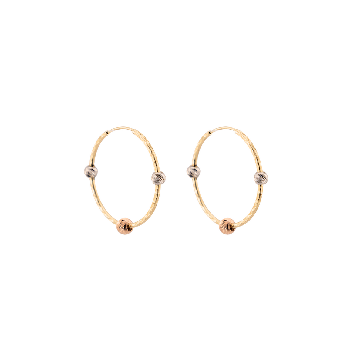 Diamond Cut Spheres Hoops in 10K Tricolor Gold