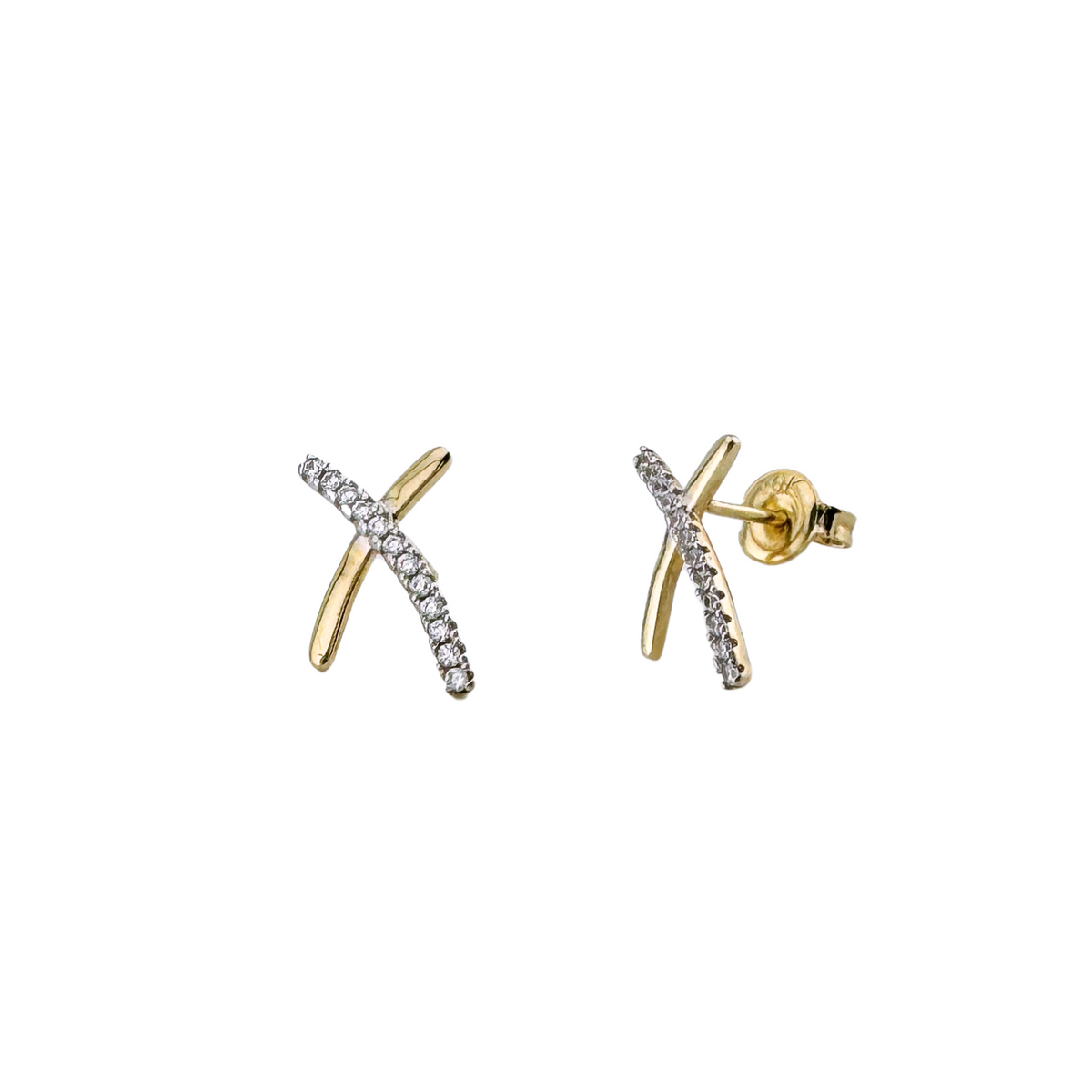 10K Gold X Shaped Stud Earrings with White Zirconia