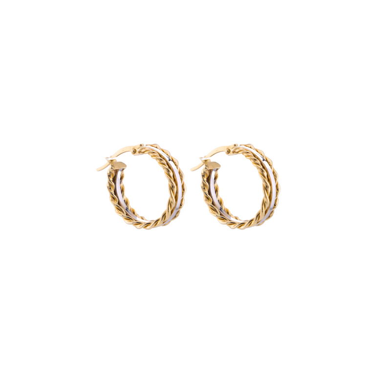 Double Twist & Flat Two-Tone Hoops in 10k Gold