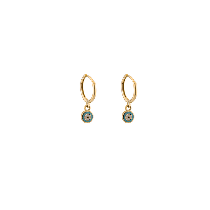 Evil Eye Dangle Huggie Earrings in 10k Gold