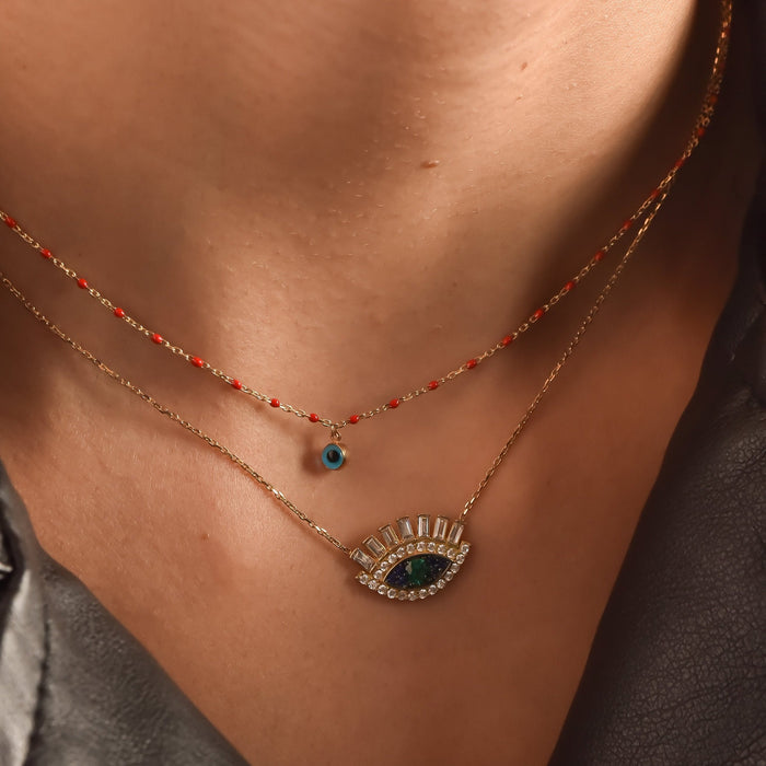 10K Gold Evil Eye Pendant Necklace with Colored Beads