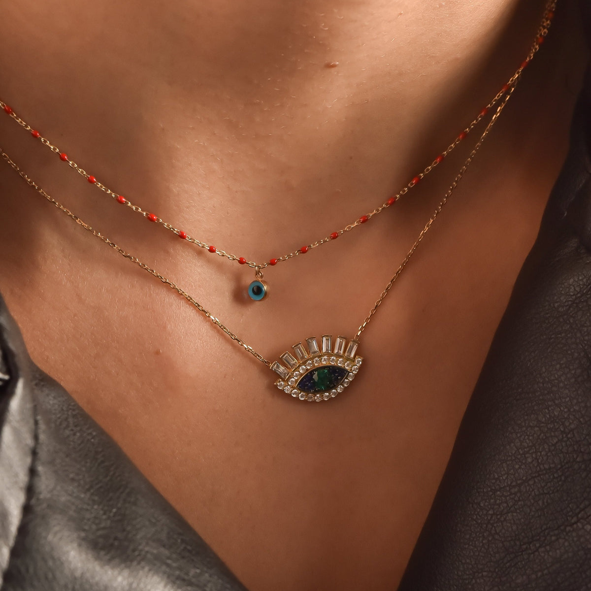 10K Gold Eyelash Evil Eye Pendant Necklace