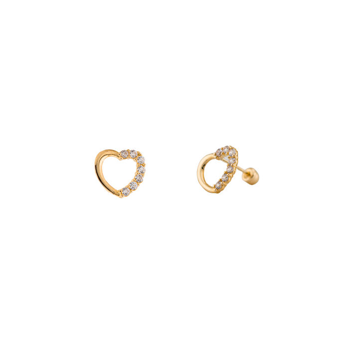 10K Gold Half-Pave Heart Stud Earrings