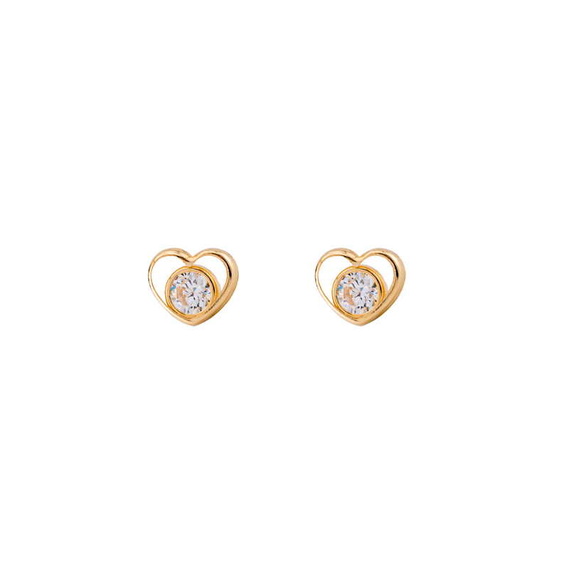 10K Gold Heart-Shaped Stud Earrings with White Zirconia