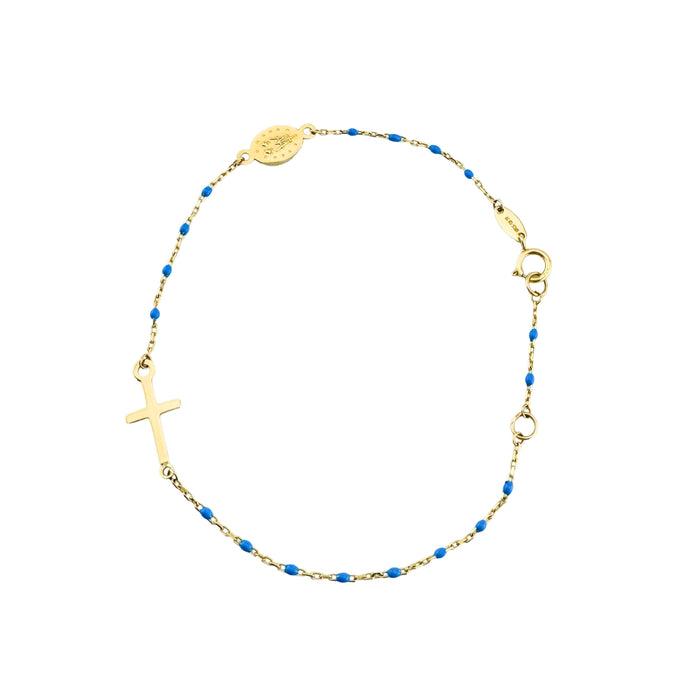 10K Gold Bracelet with Blue Enamel Beads, Cross, and Medal