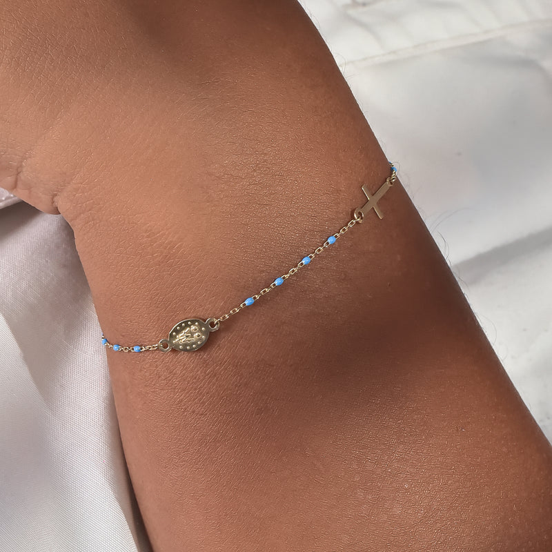 10K Gold Bracelet with Blue Enamel Beads, Cross, and Medal