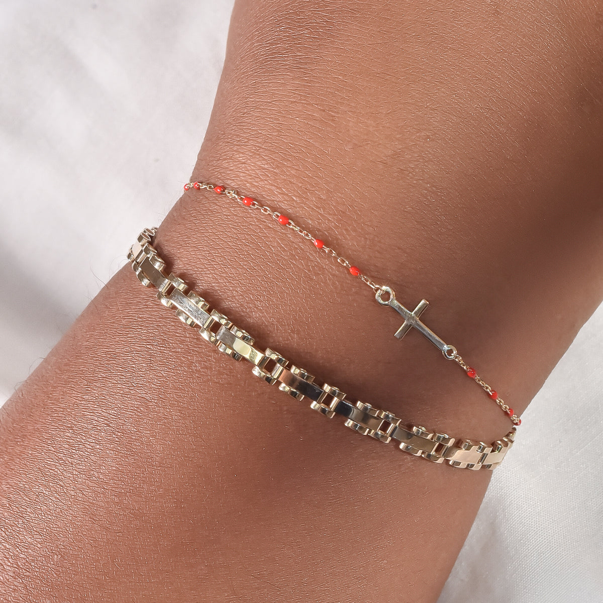 10K Gold Bracelet with Colored Enamel Beads and Cross