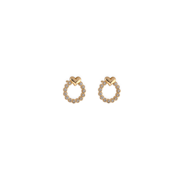 10K Gold Circle Pave Stud Earrings with Heart Accent