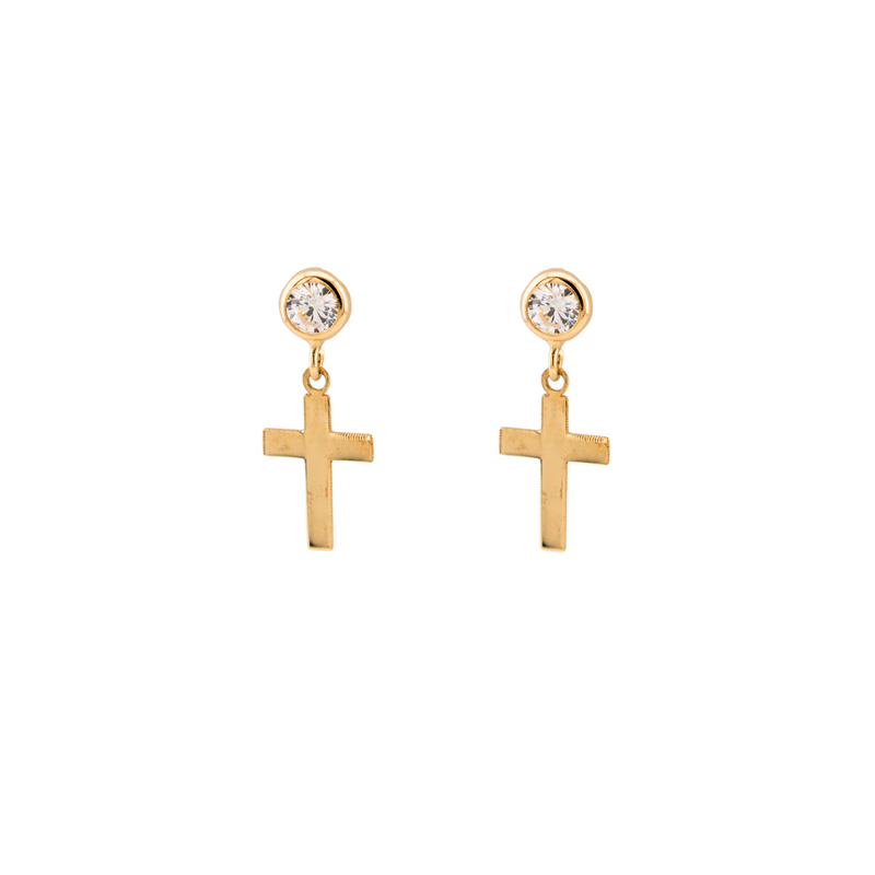 10K Gold Cross Drop Earrings with White Zirconia