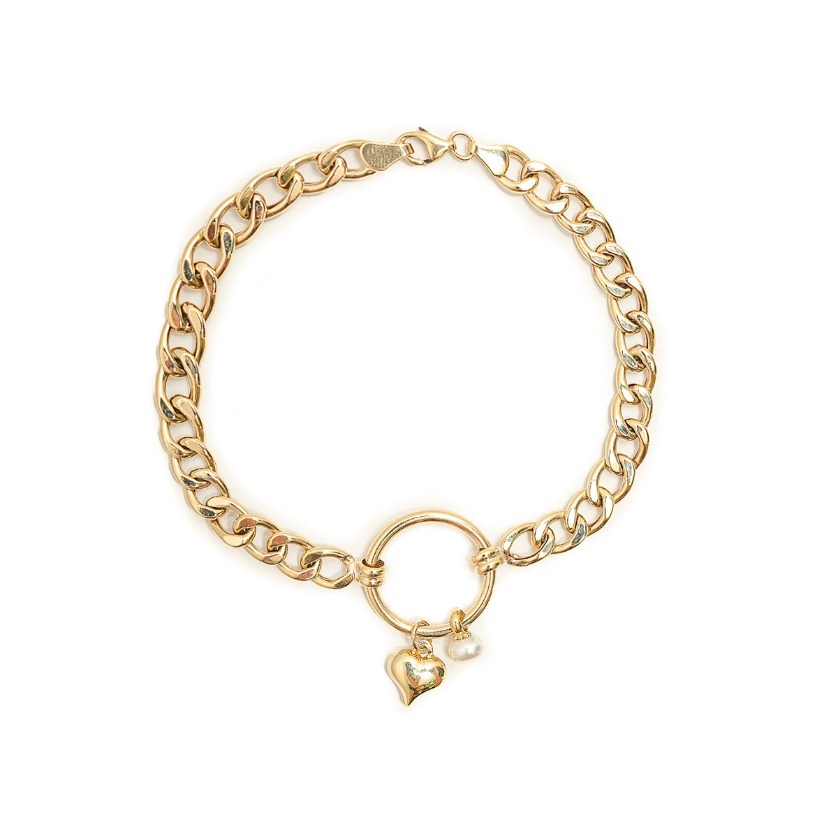 10K Gold Cuban Chain Bracelet with Pearl and Heart Charms