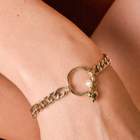 10K Gold Cuban Chain Bracelet with Pearl and Heart Charms