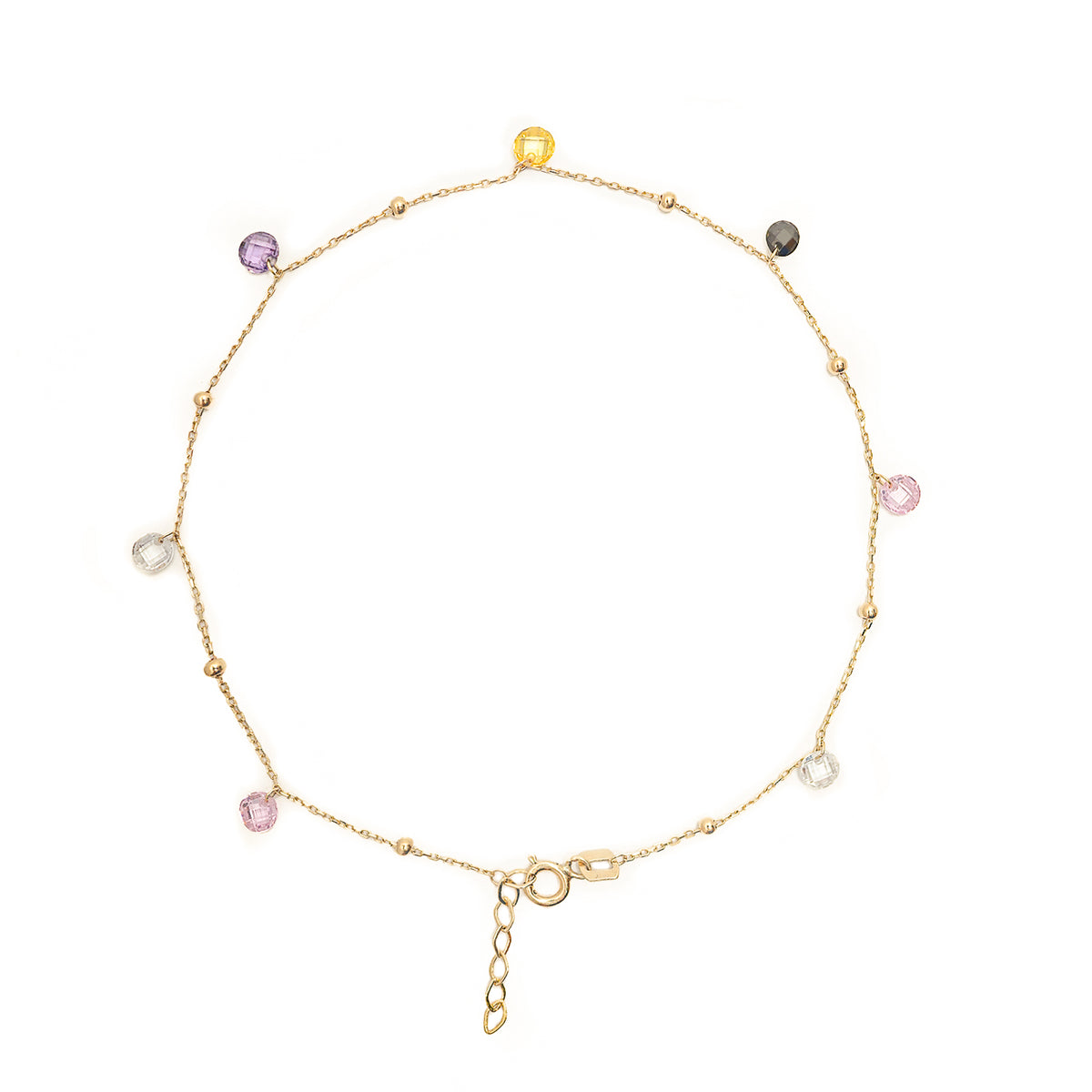 10K Gold Anklet with Beads and Colored Gemstones