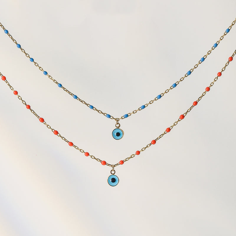 10K Gold Evil Eye Pendant Necklace with Colored Beads