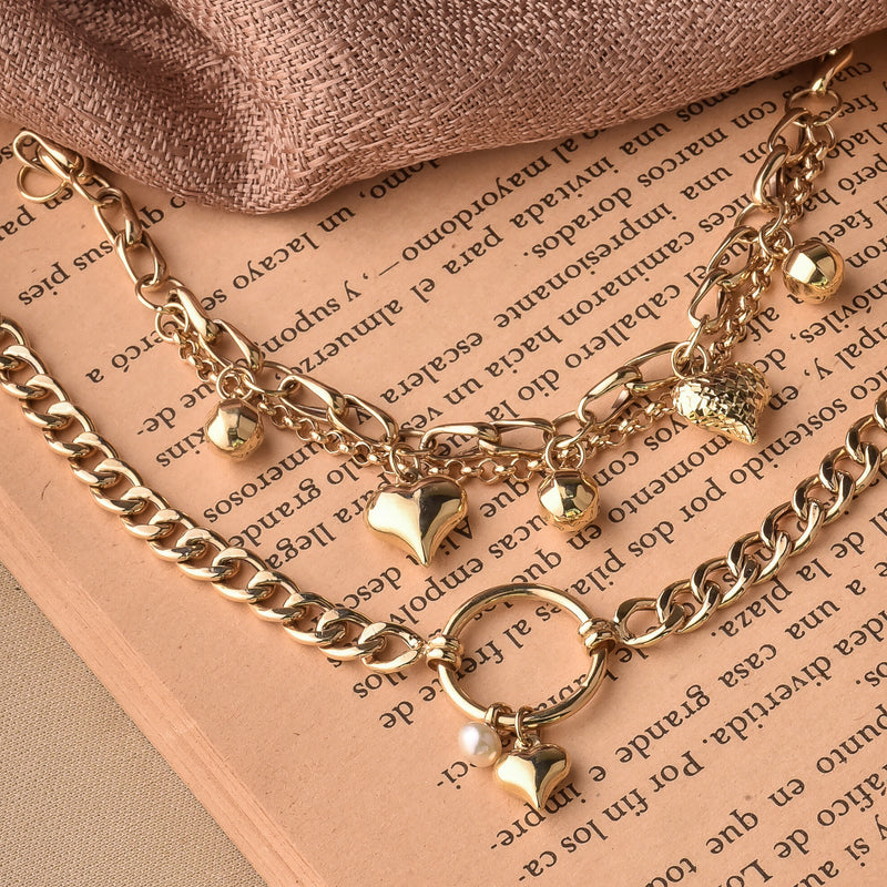 10K Gold Double Chain Bracelet with Hearts and Balls Charms