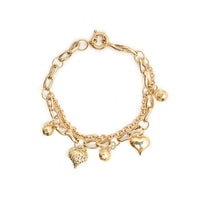 10K Gold Double Chain Bracelet with Hearts and Balls Charms