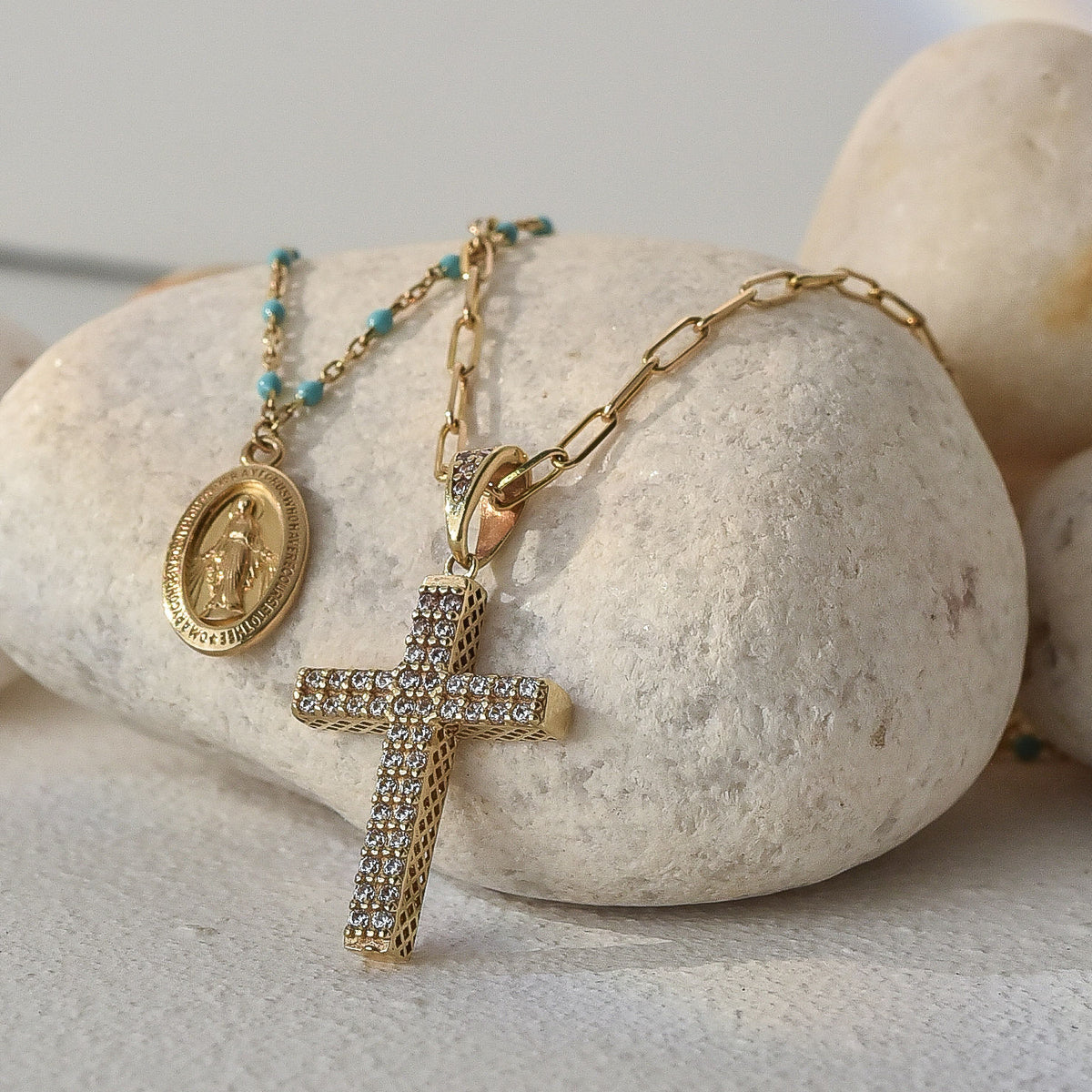 10K Gold Necklace with Turquoise Enamel Beads and Miraculous Mary Medal