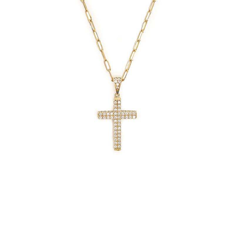 10K Gold Double Pave Cross Pendant with White Zirconia