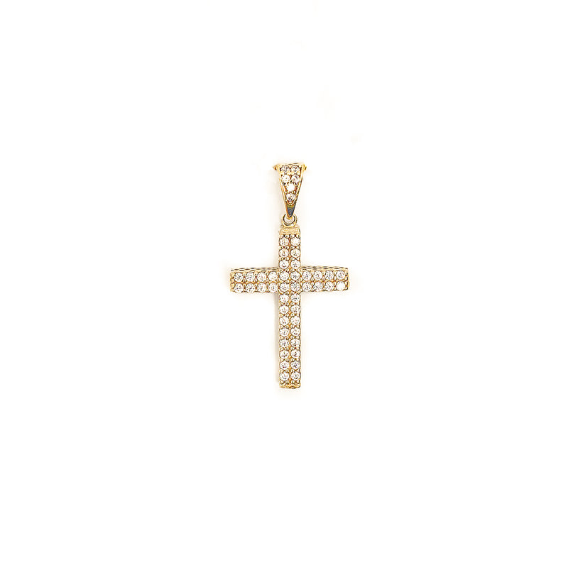 10K Gold Double Pave Cross Pendant with White Zirconia