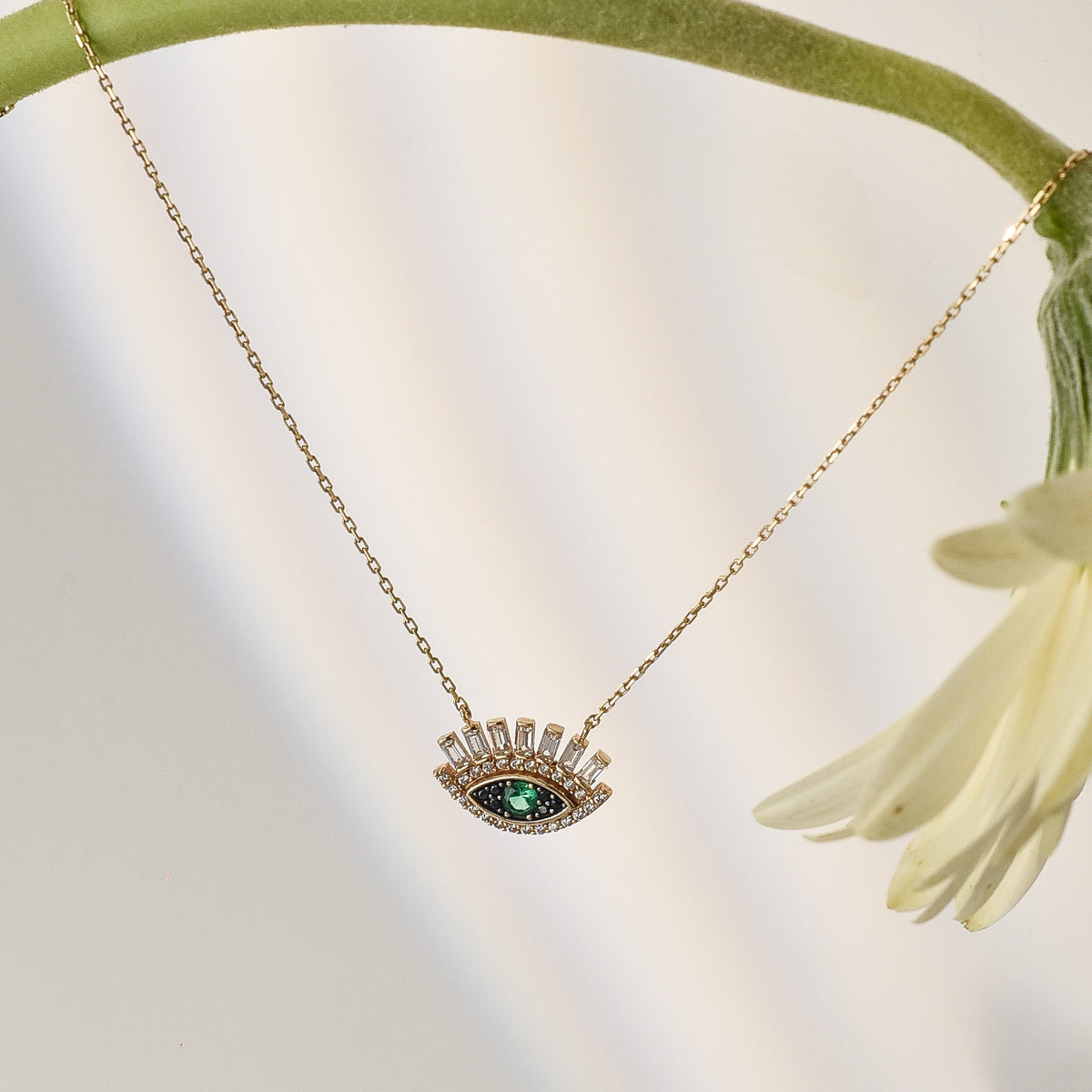 10K Gold Eyelash Evil Eye Pendant Necklace