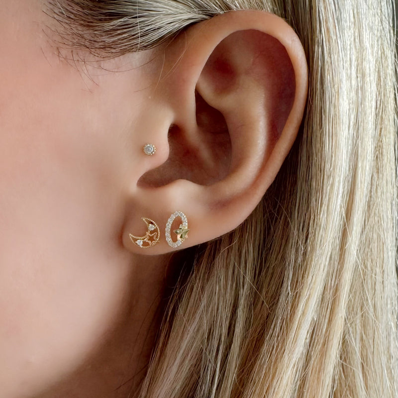 10K Gold Half-Moon Stud Earrings with Star and White Zirconias