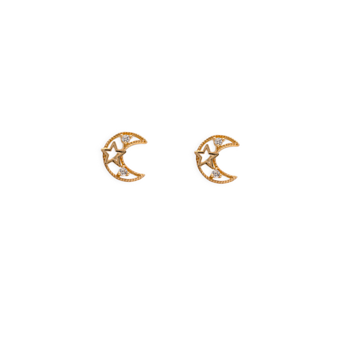 10K Gold Half-Moon Stud Earrings with Star and White Zirconias