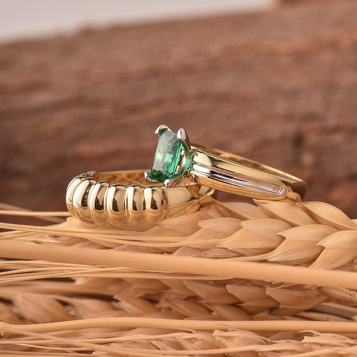 10K Gold Lab Grown Baguette Emerald Ring