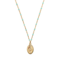 10K Gold Necklace with Turquoise Enamel Beads and Miraculous Mary Medal