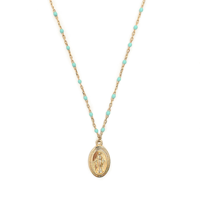 10K Gold Necklace with Turquoise Enamel Beads and Miraculous Mary Medal