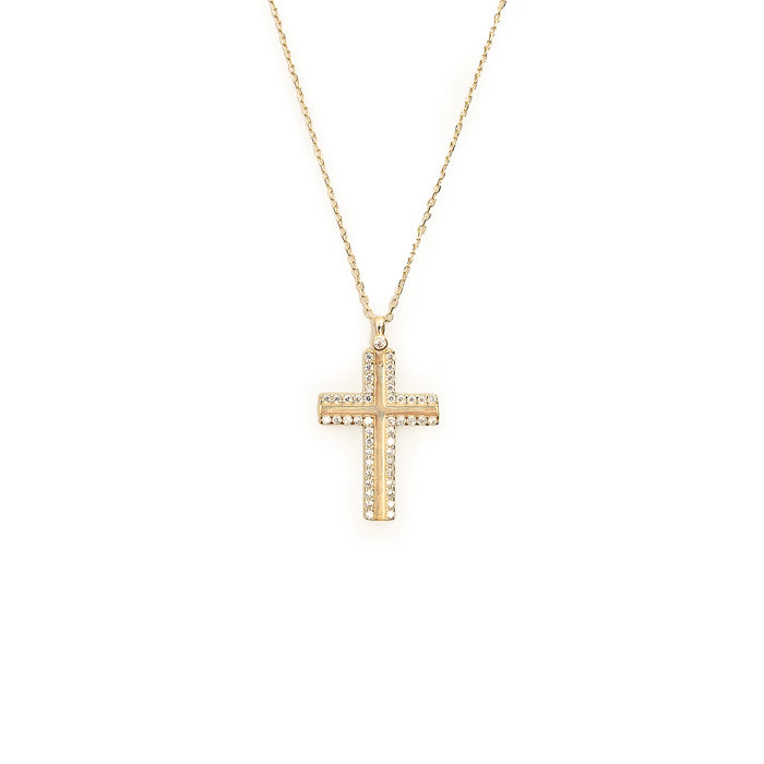 10K Gold Pave White Zirconia Cross Necklace