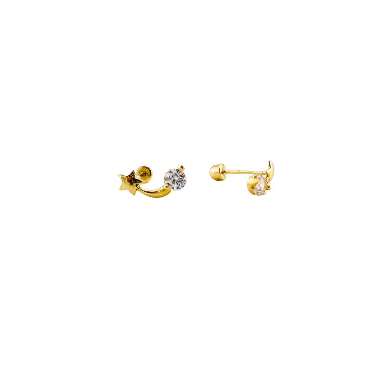 10K Gold Shooting Star Stud Earrings with White Zirconia