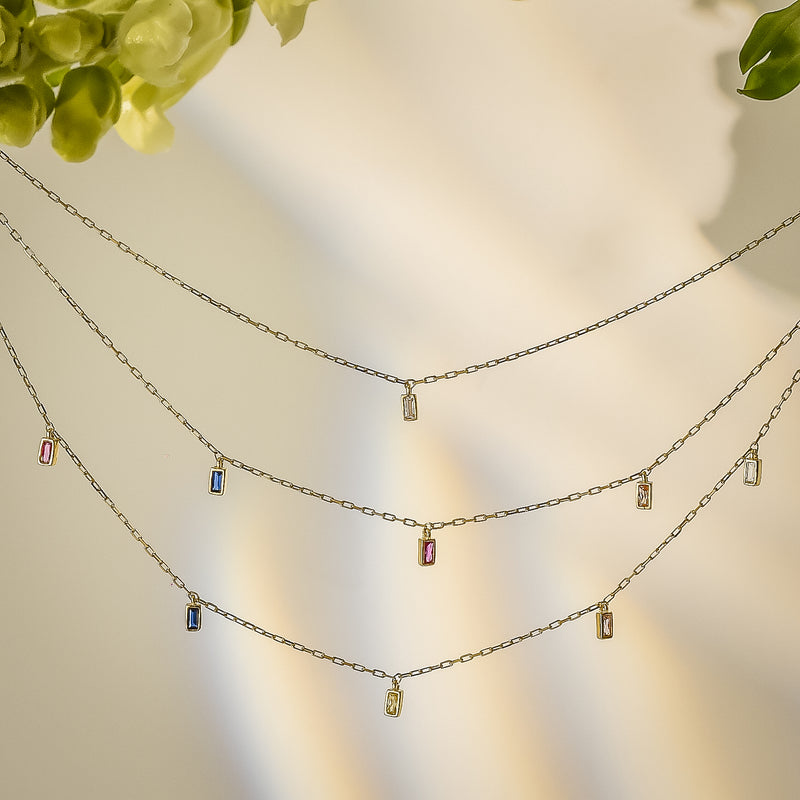 10K Gold Three-Layered Gemstone Necklace