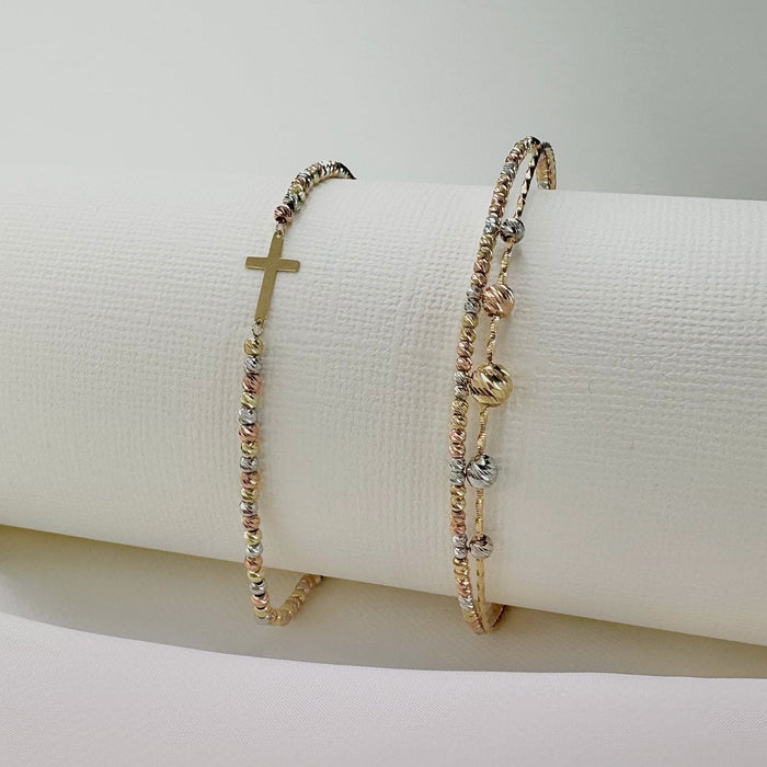 Cross Bracelet with Tricolor Beads in 10K Gold