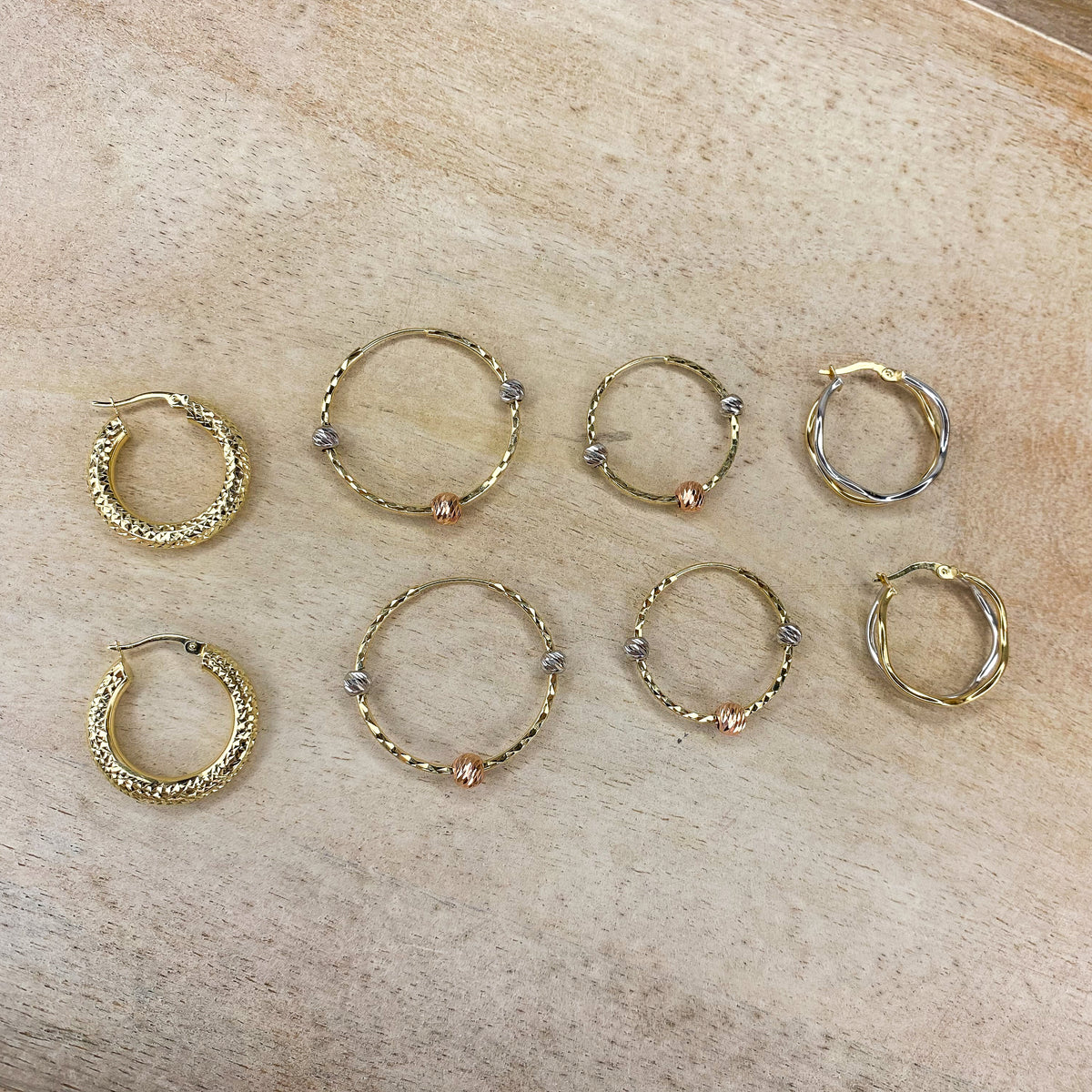 Diamond Cut Spheres Hoops in 10K Tricolor Gold