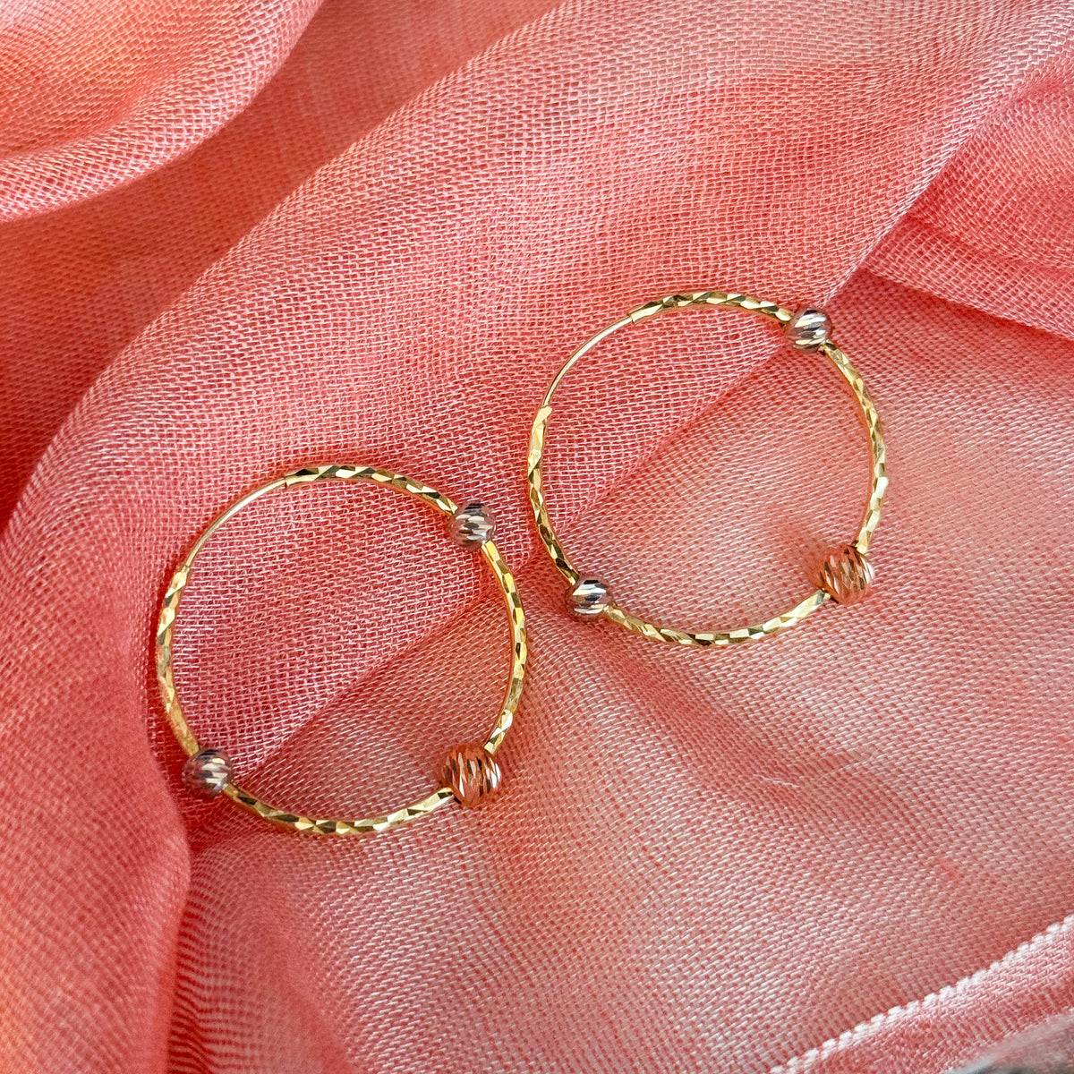 Diamond Cut Spheres Hoops in 10k Tricolor Gold