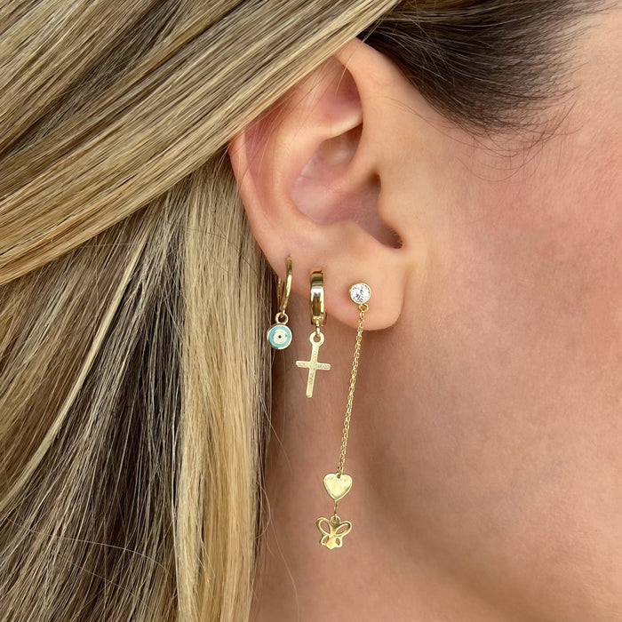 Cross Pendant Drop Huggie Earrings in 10K Gold