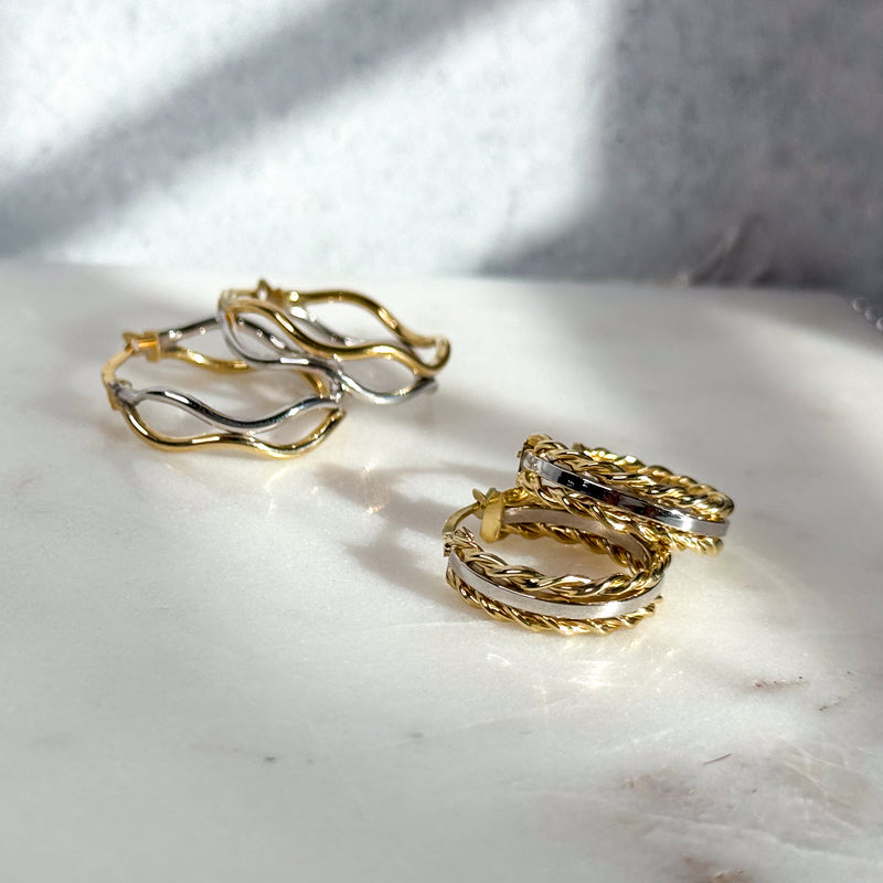 Double Twist & Flat Two-Tone Hoops in 10k Gold