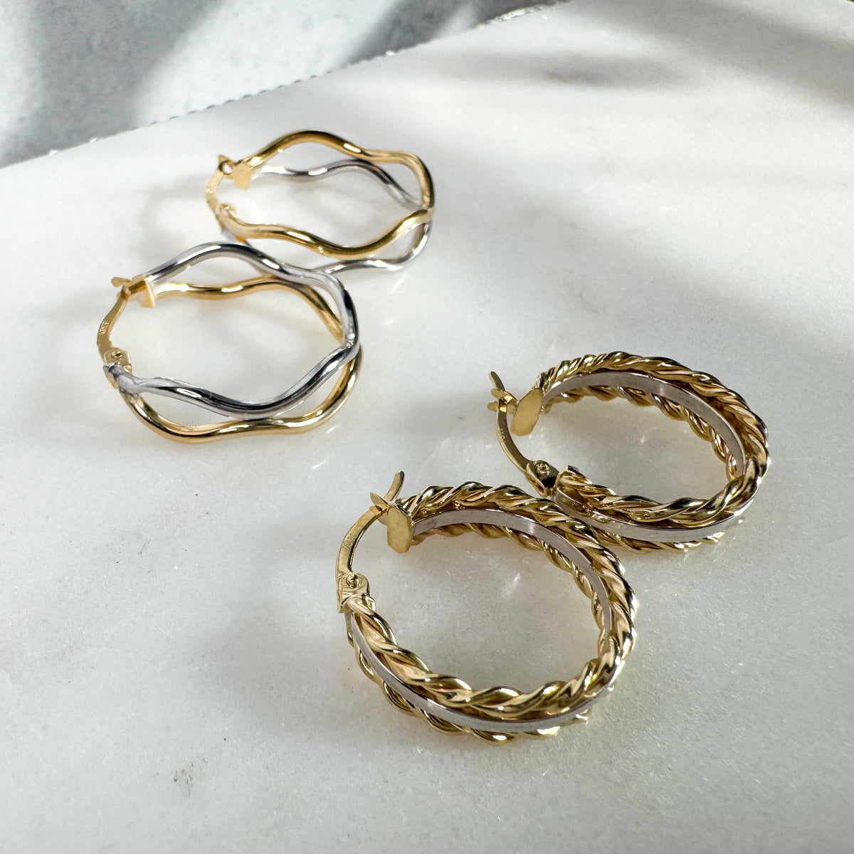 Double Twist & Flat Two-Tone Hoops in 10k Gold