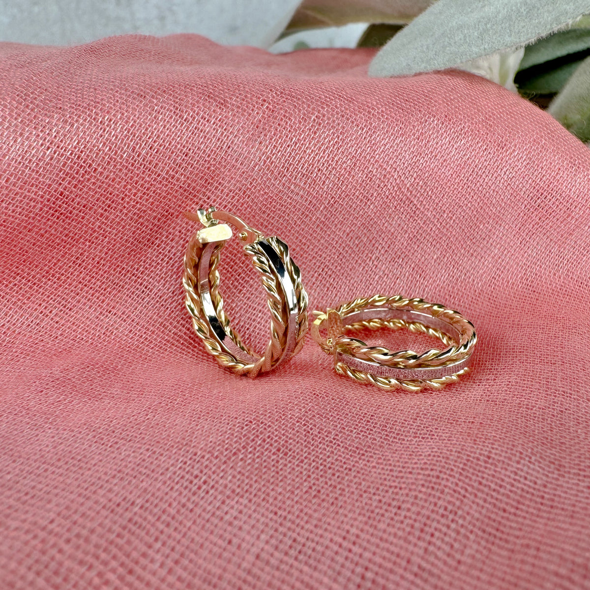 Double Twist & Flat Two-Tone Hoops in 10k Gold