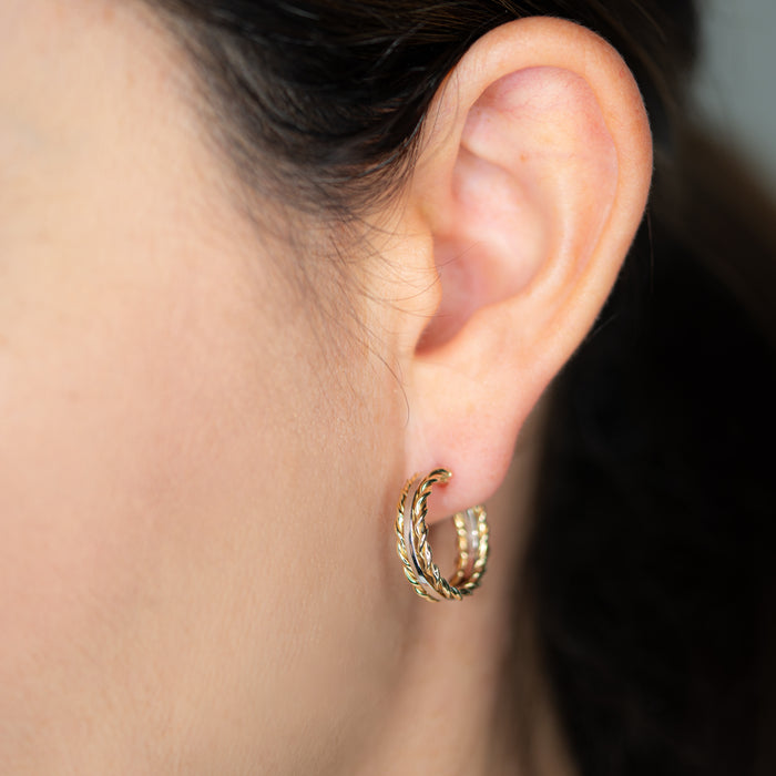 Double Twist & Flat Two-Tone Hoops in 10k Gold