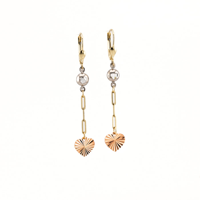 Bezel Heart Drop Earrings in 10K Tricolor Gold